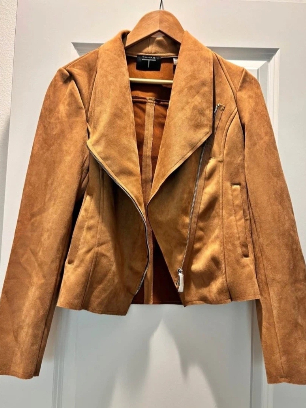 NWT Tahari Tan Faux Suede Asymmetric Zip Drape Jacket XS/TP